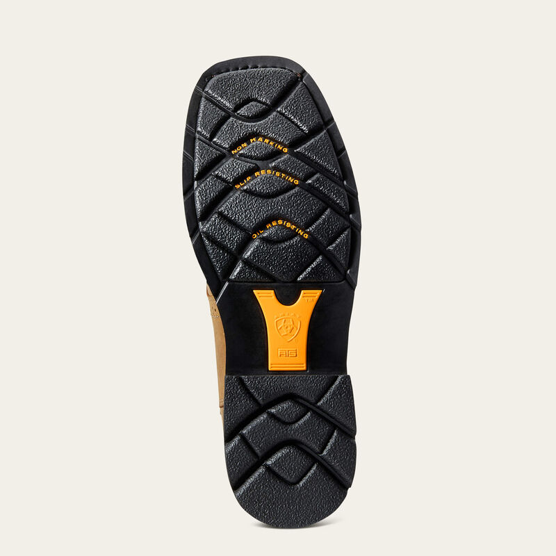 Close-up of 10010148 - Sierra Saddle Aged Bark Boots Boots showing Textured black rubber sole with yellow branded heel patch