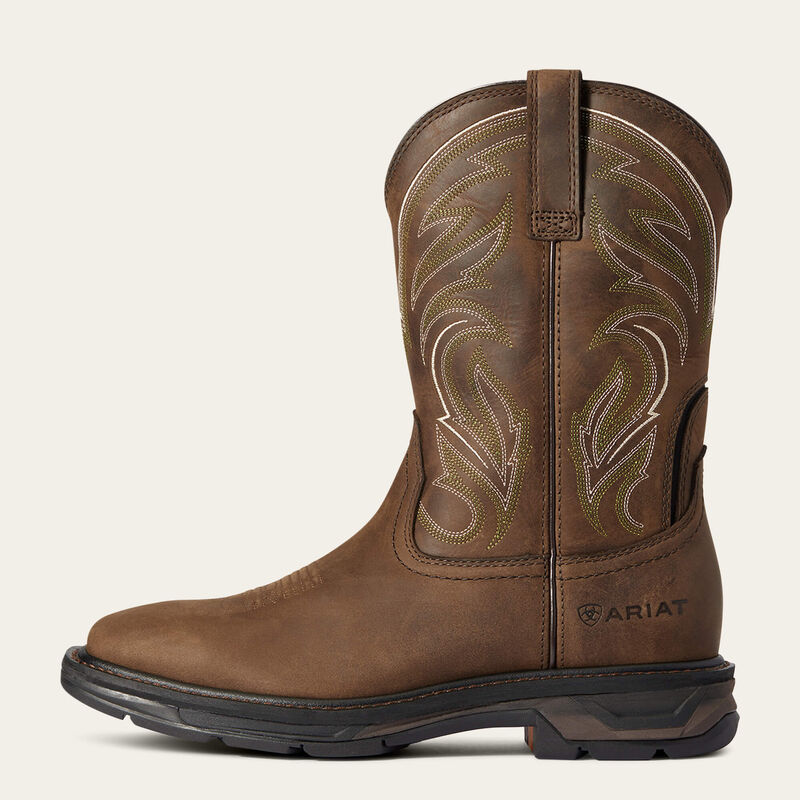 Back of 10038321 - Workhog XT Cottonwood Boots Distressed Brown Boots, Tan and cream scrollwork embroidery on distressed