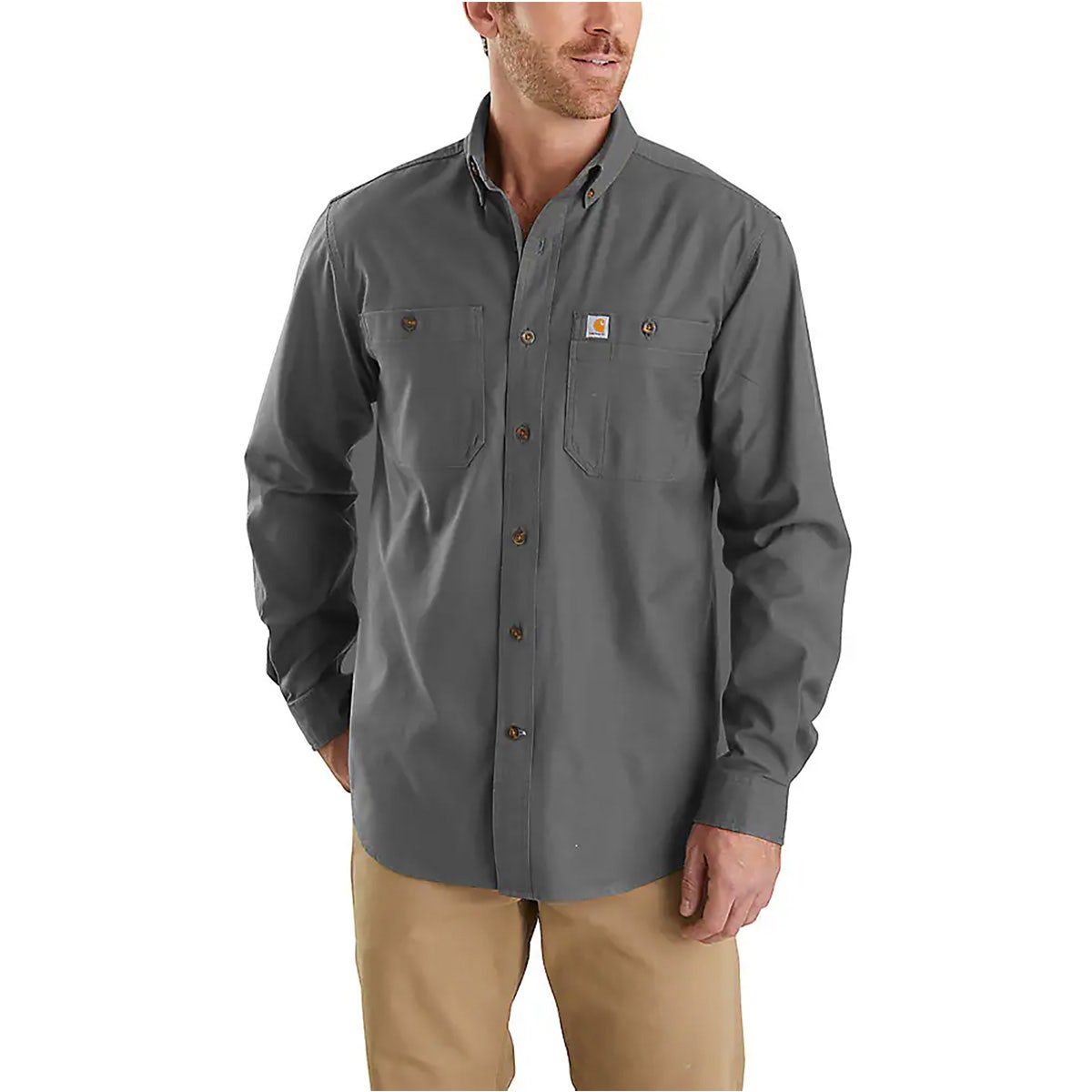 103554 Midweight Canvas L/s Tee 039 front view, Charcoal gray with brown button front and dual chest pockets with logo