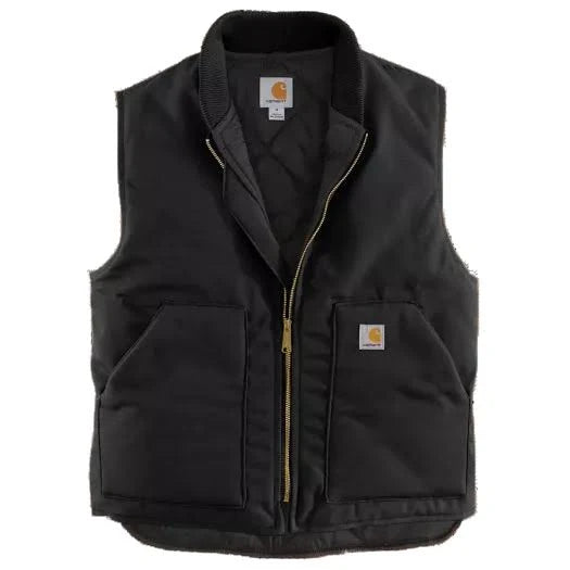 104277 Mock Neck Sherpa Lined Vest front view, Black quilted vest with mock neck collar and brass zip closure, dual chest