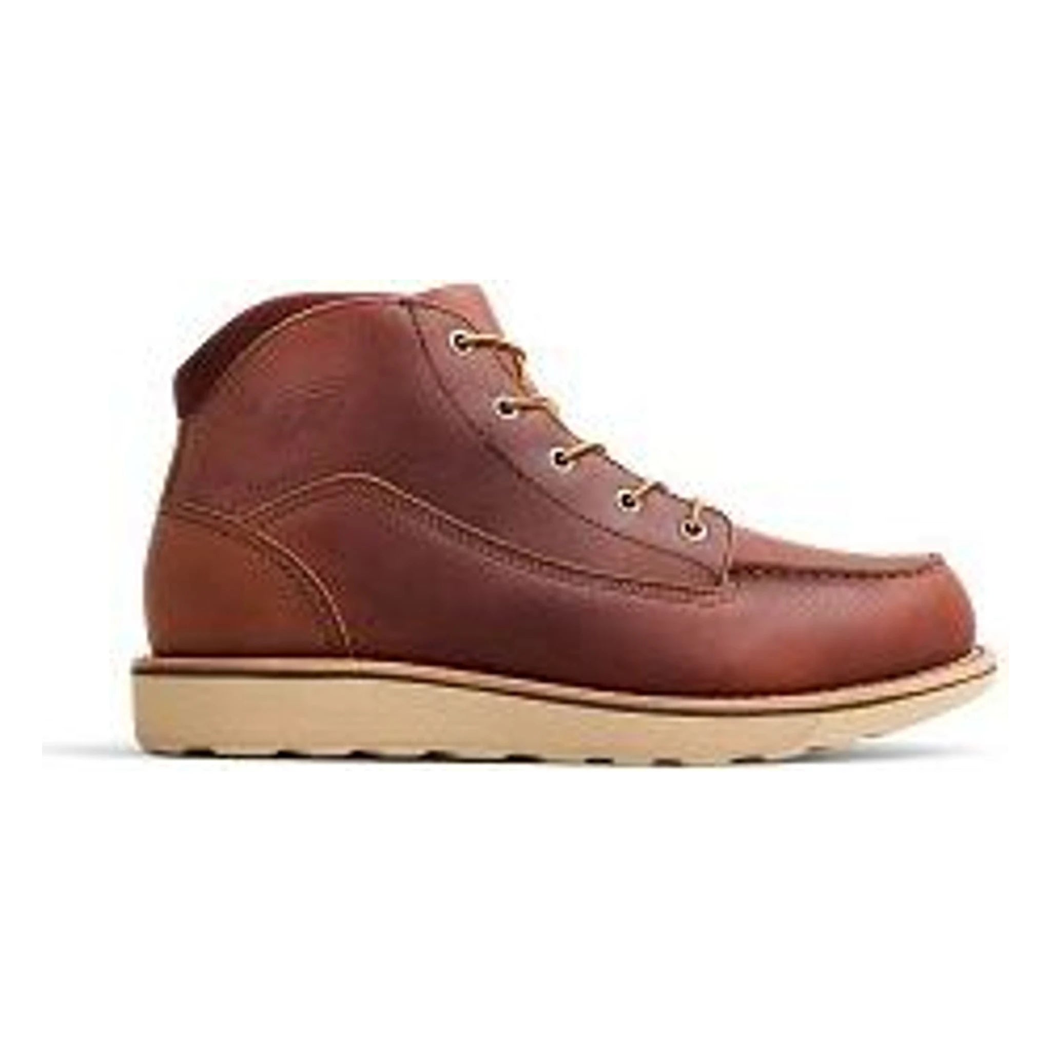 1221- Traction Tred Lite Boots front view, Brown leather moc-toe boot with cream-colored wedge sole and gold eyelets, Boots