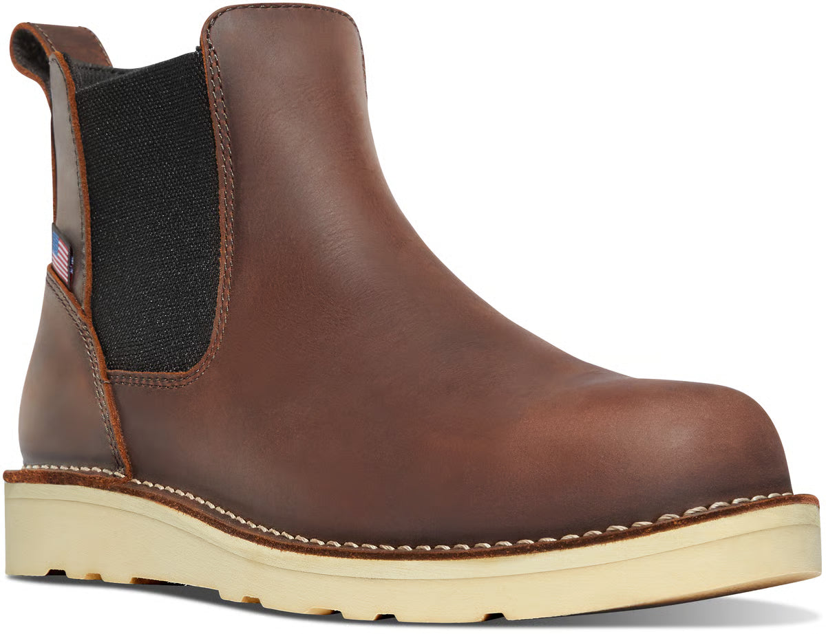 Back of 15481 - Bull Run Chelsea 6" Boots Dark Brown Boots, Dark brown leather heel with cream stitching and black elastic