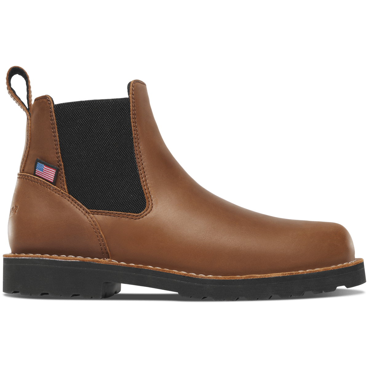 15486 Bull Run Chelsea Heel Boots front view, Tobacco brown leather upper with black elastic gore and black lug sole,