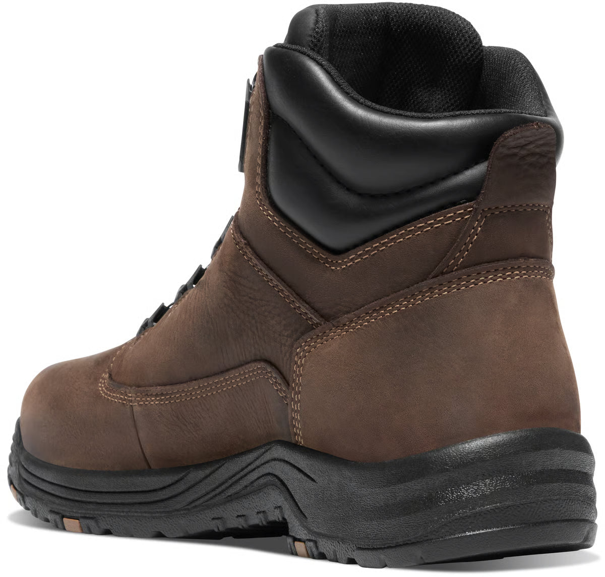 Close-up of 19420 - Caliber Boa Alloy 6" Boots Brown Boots showing Black padded collar with tan stitching and brown leather