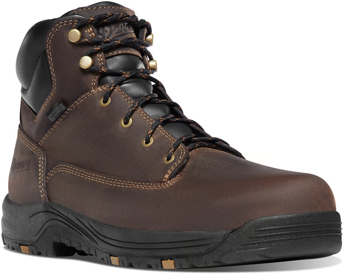 Back of 19452 - Caliper 6" Boots Brown Boots, Dark brown leather heel with embossed branding and contrast stitching -