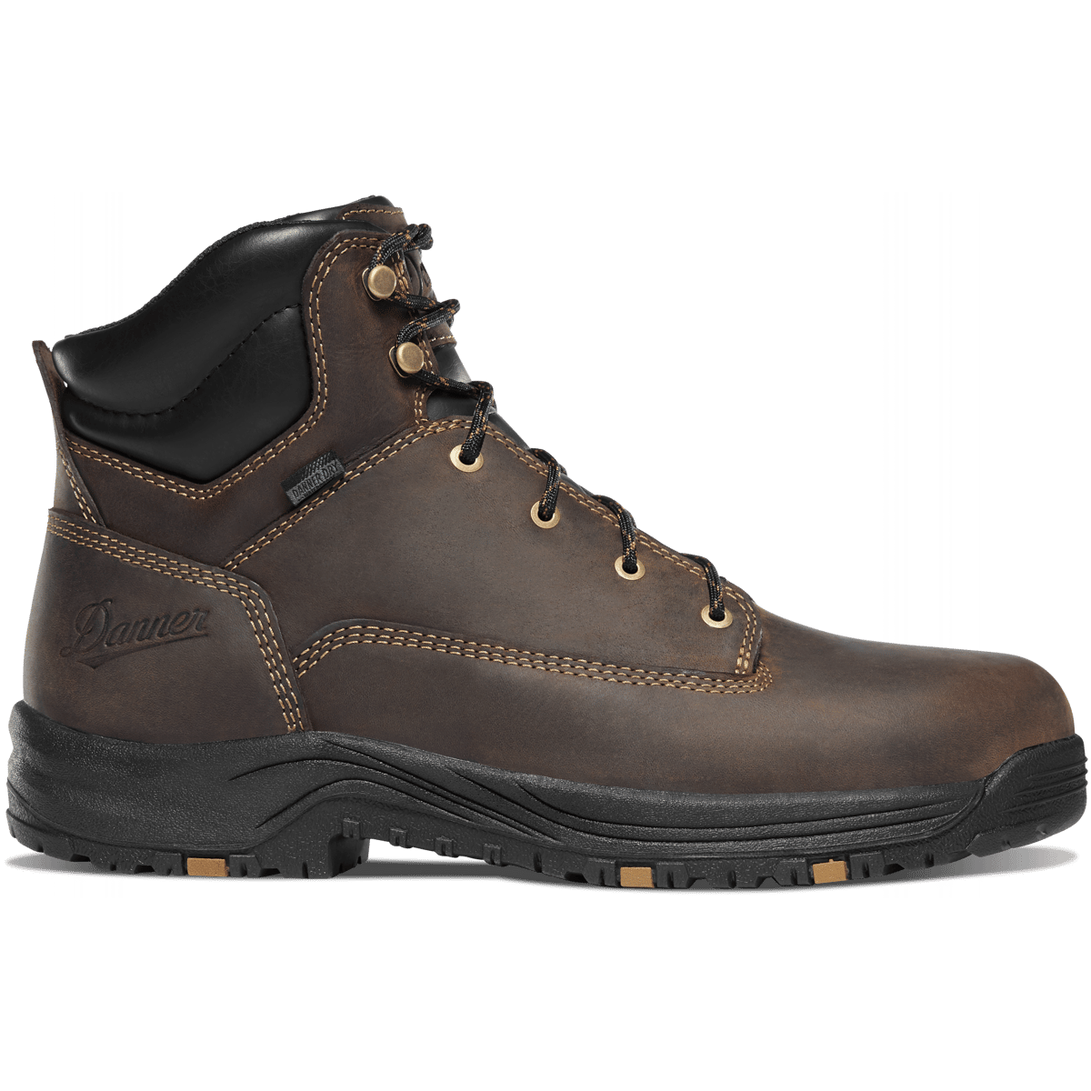 19452 - Caliper 6" Boots front view, Brown leather lace-up work boot with tan contrast stitching and black collar trim,