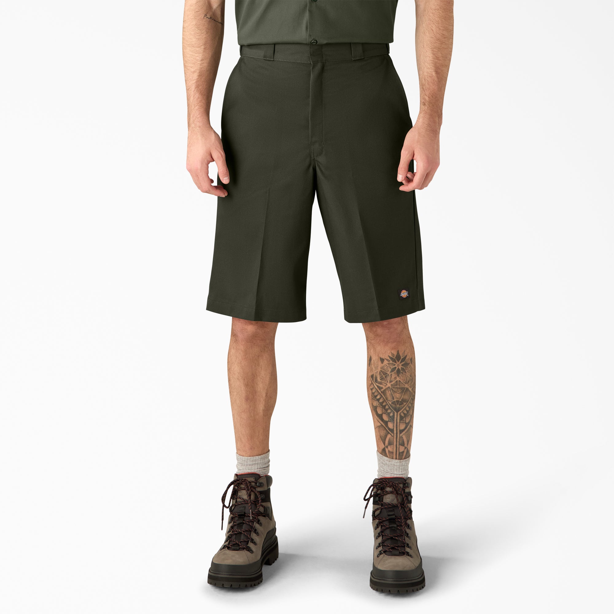 Back of 42283 13" Loose Fit Work Short Shorts Silver Shorts, Olive green shorts with small embroidered logo on right thigh -