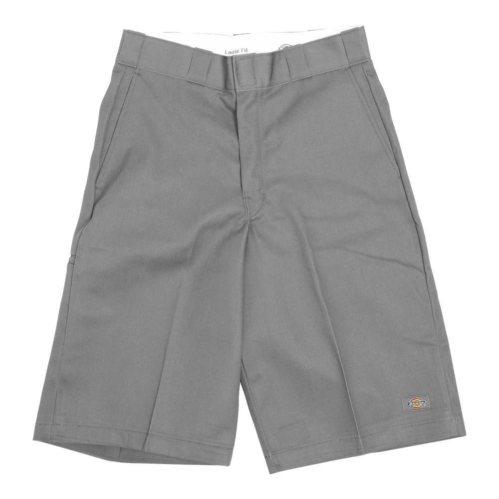 42283 13" Loose Fit Work Short Shorts front view, Gray work shorts with small embroidered logo patch on lower right thigh,