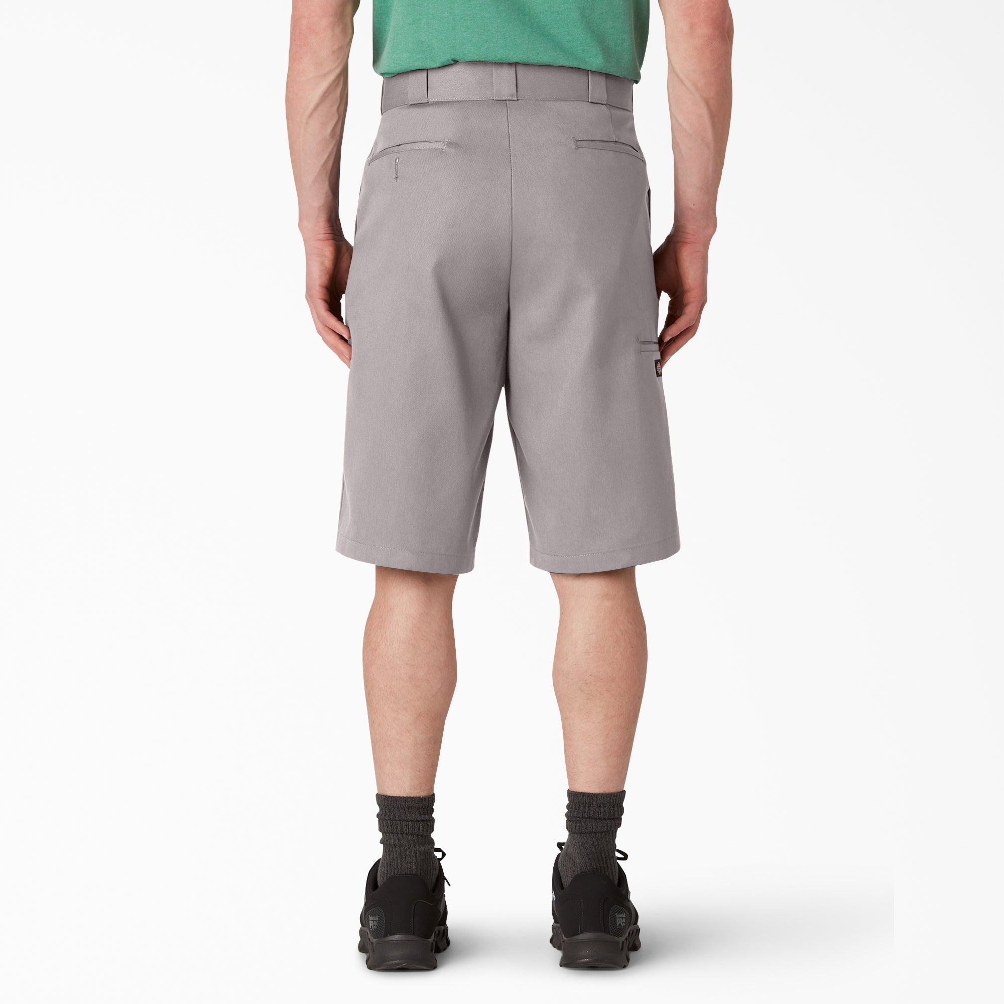 Person wearing 42283 13" Loose Fit Work Short Shorts Silver Shorts, Gray work shorts with belt loops and cargo pocket