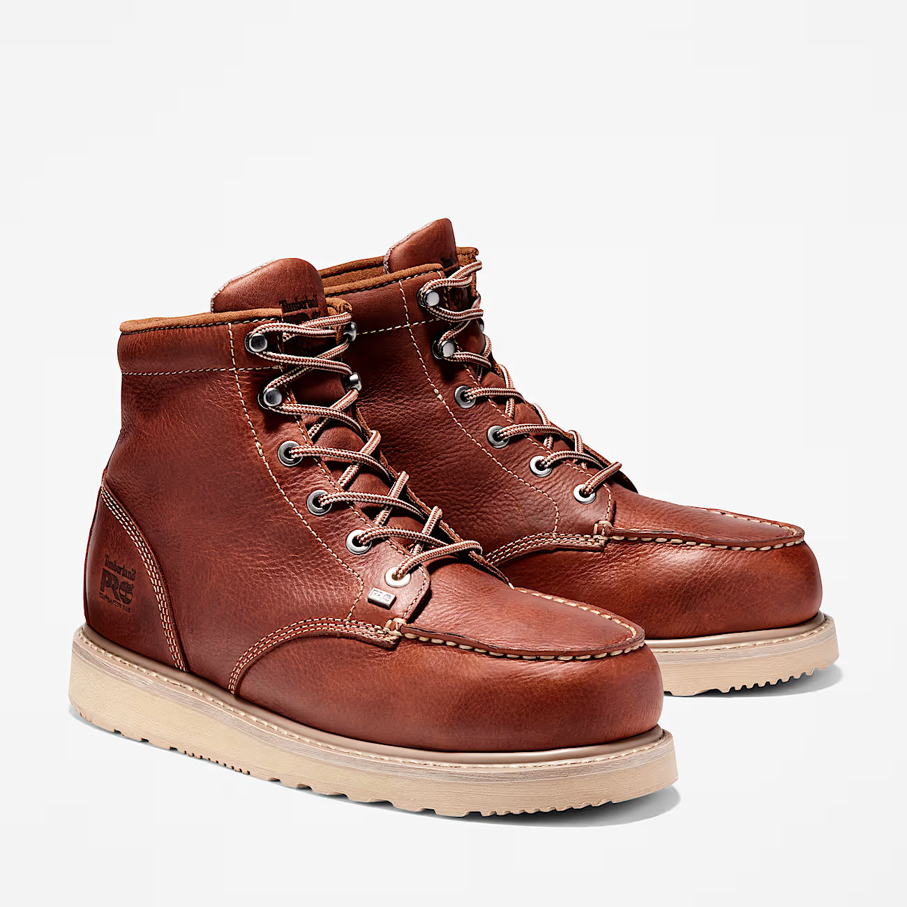 Back of 6 in Barstow Wedge Al/brown Tb088559214 Boots Boots, Brown leather moc-toe work boots with cream wedge sole and