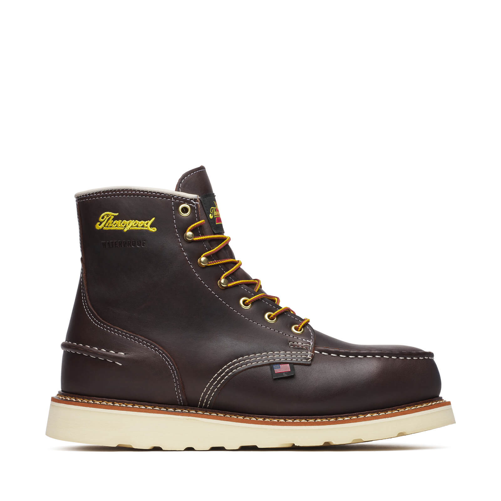 Back of 804-3600 6" Briar Pitstop Boot Boots Boots, Black leather back with cream stitching and small flag patch near heel -