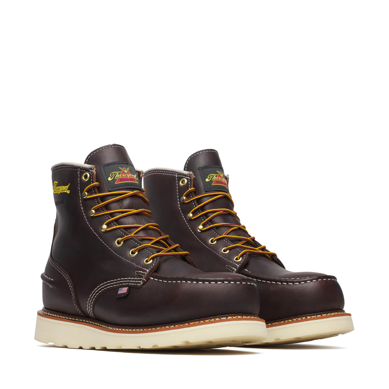 804-3600 6" Briar Pitstop Boot Boots front view, Dark brown leather with gold and black laces, cream wedge sole, yellow