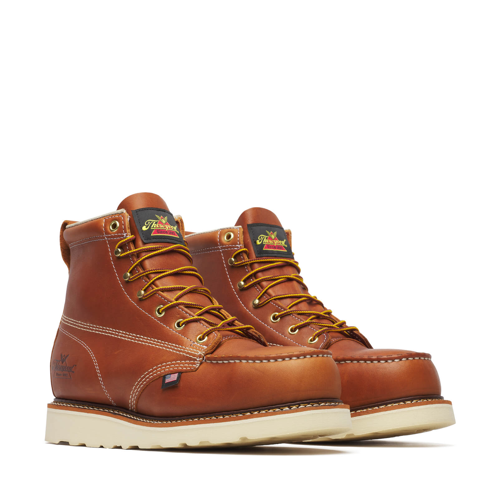 804-4200 6" Tobacco Boots front view, Cognac leather with golden yellow and black laces, cream sole, brass eyelets and