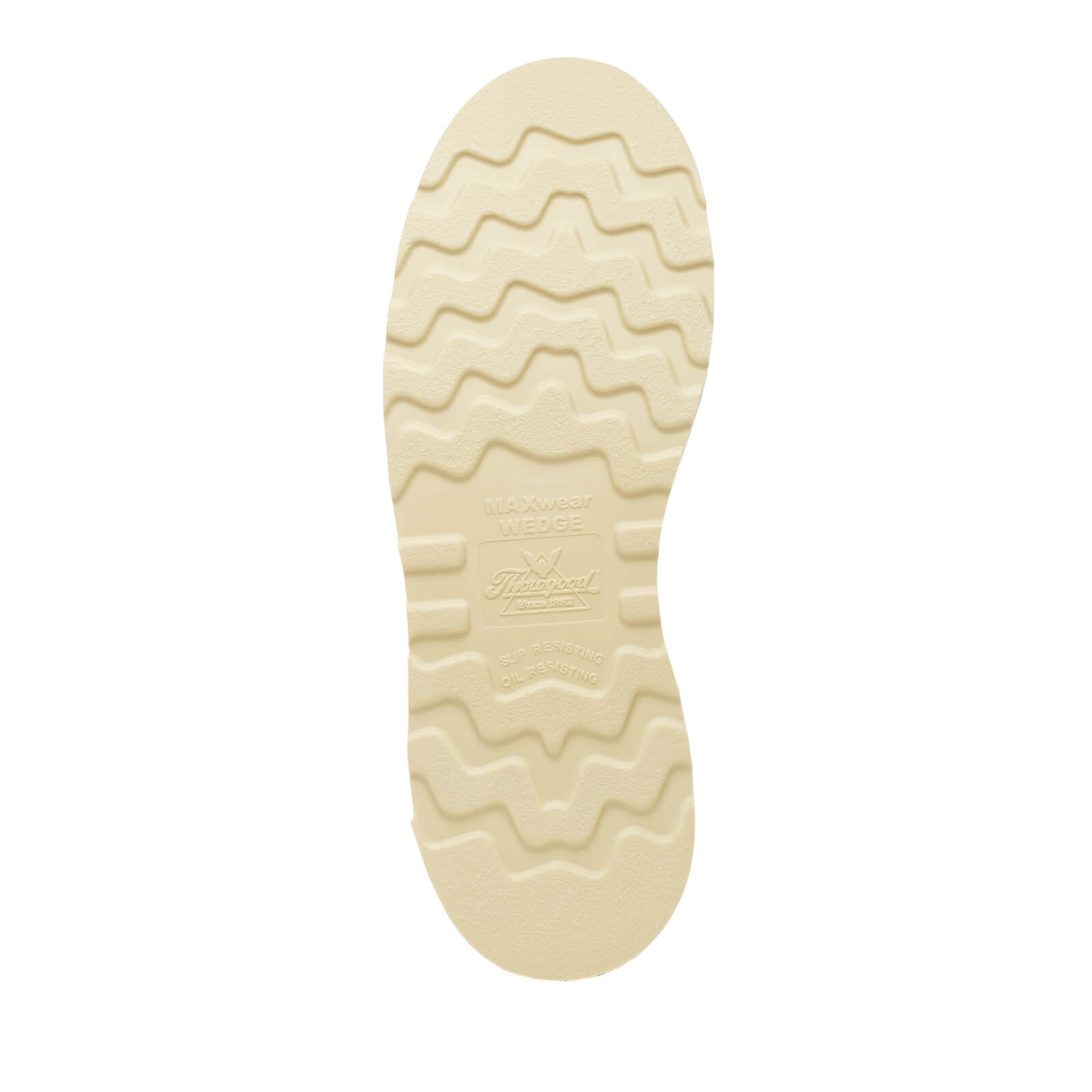 Close-up of 804-4200 6" Tobacco Boots Boots showing Cream rubber sole with wavy tread pattern and embossed branding marks -