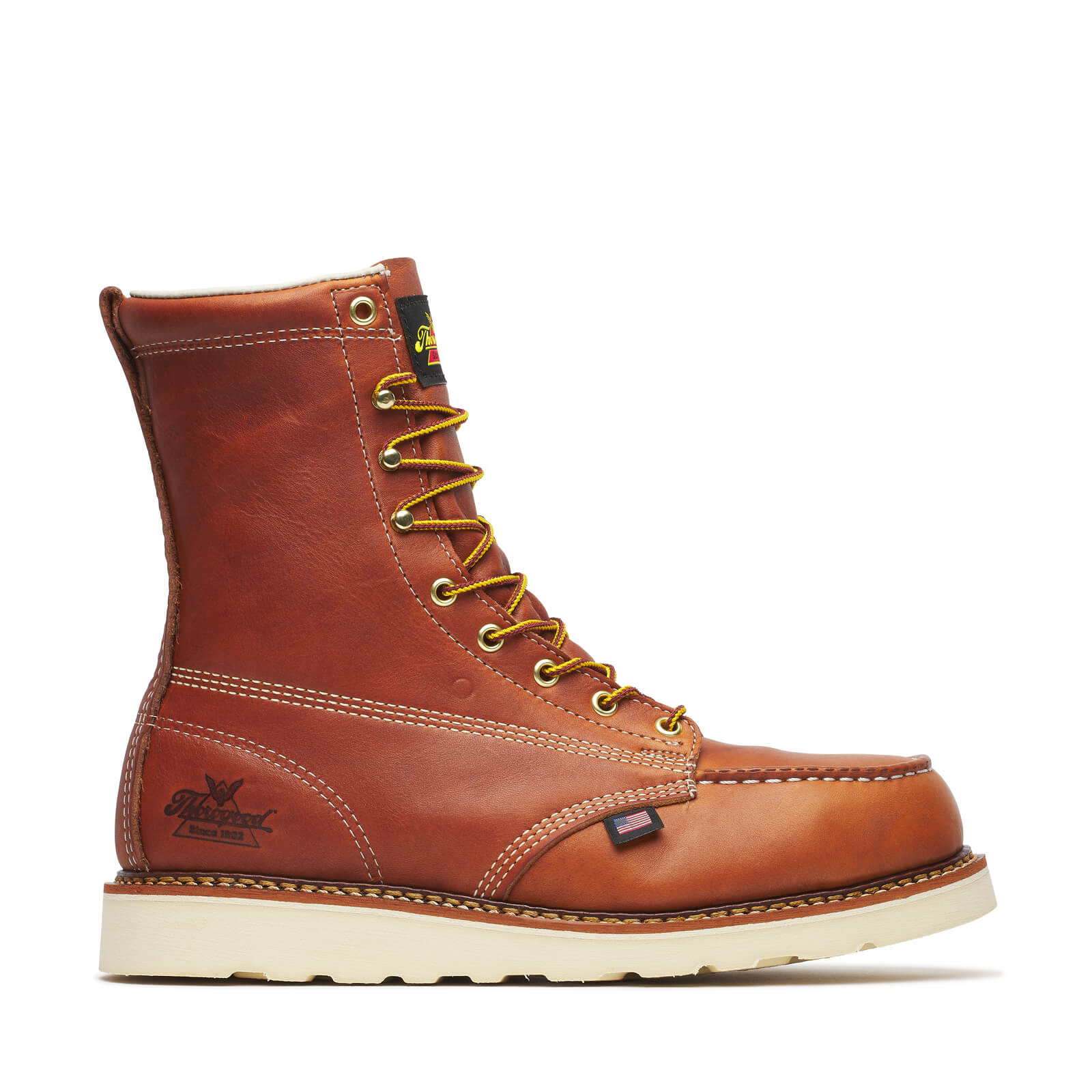 Back of 804-4208 8" Boots Tobacco Boots, Red-brown leather with cream contrast stitching and small brand emblem on heel -