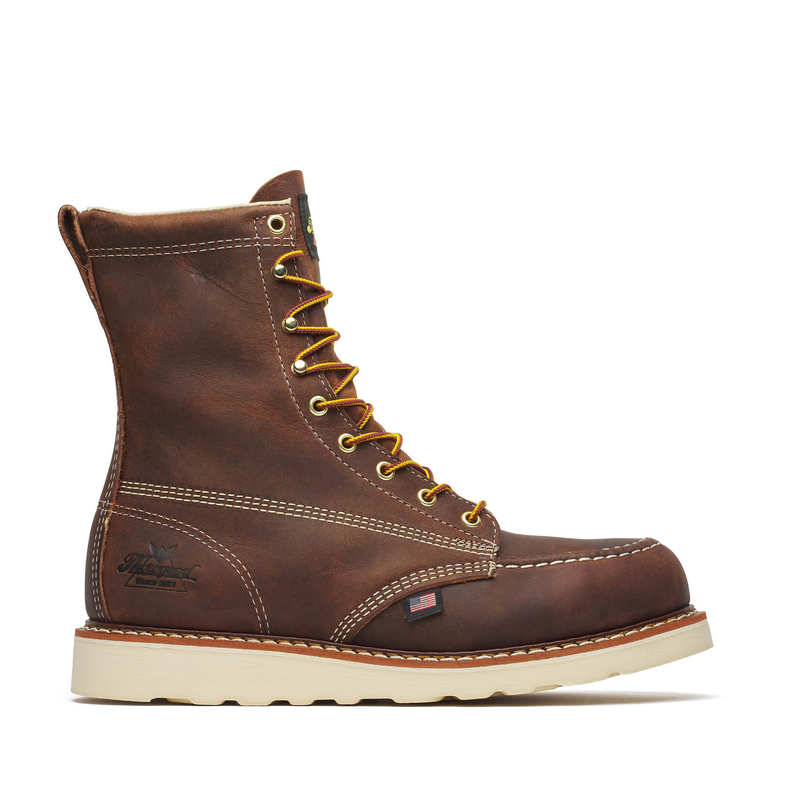 Back of 804-4478 8" Trail Crazyhorse Boots Boots, Brown leather back with cream stitching and embossed logo near heel -