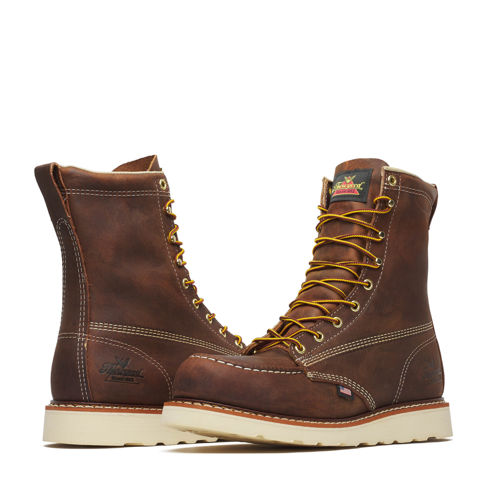 Close-up of 804-4478 8" Trail Crazyhorse Boots Boots showing Brown leather work boots with cream stitching, yellow laces,