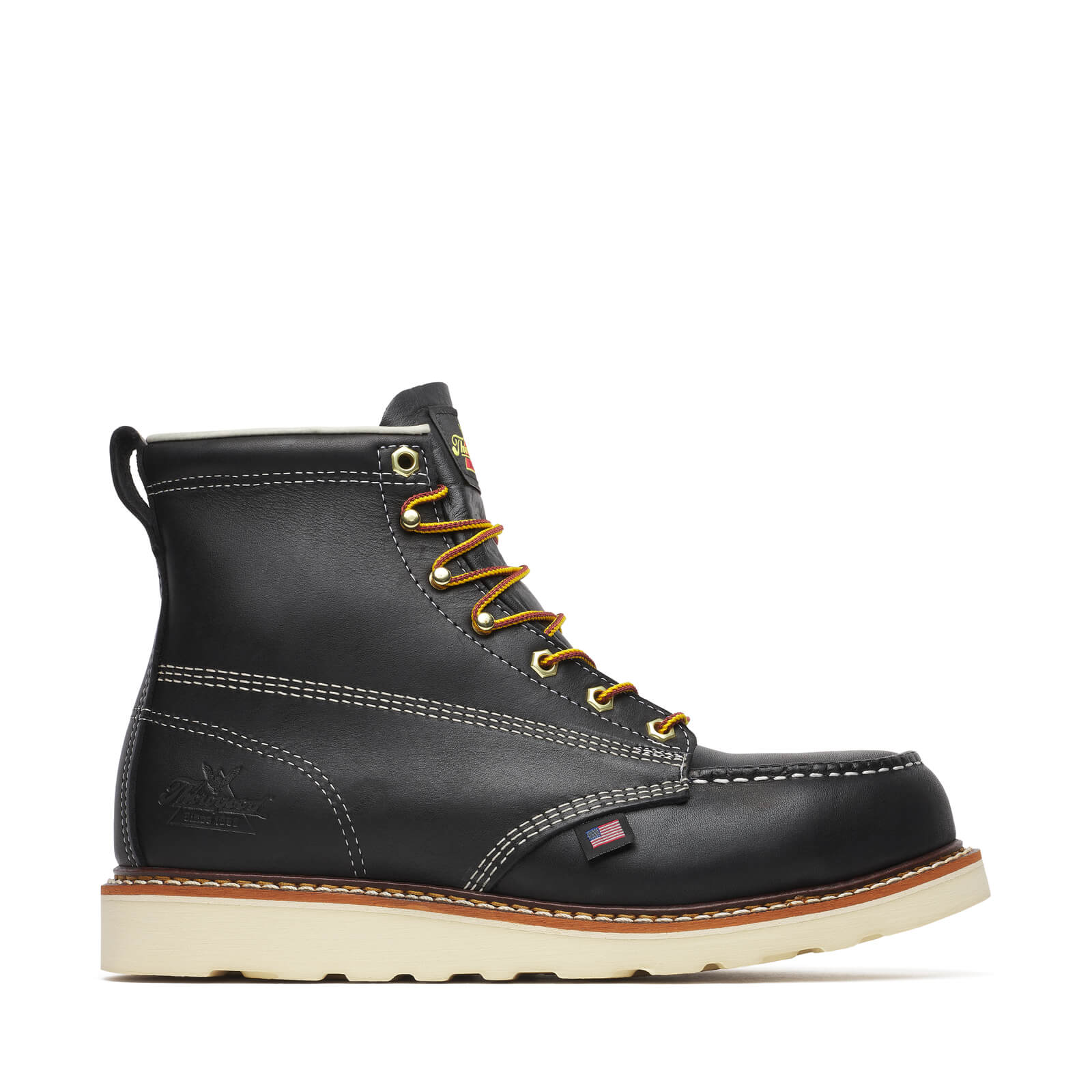 Back of 804-6201 6" Boots Black Boots, Black leather with contrast white stitching and small flag patch detail - Slowride