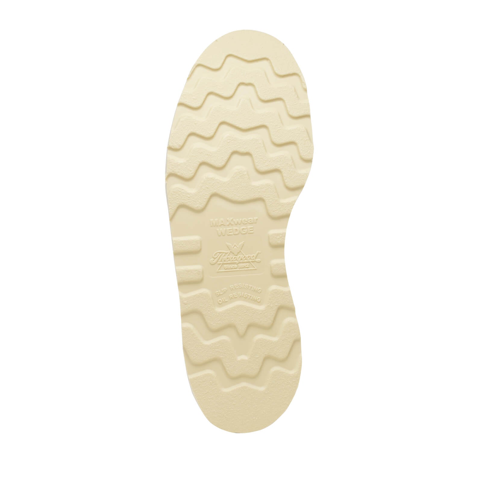 Close-up of 804-6201 6" Boots Black Boots showing Cream rubber sole with wavy tread pattern and embossed branding details -