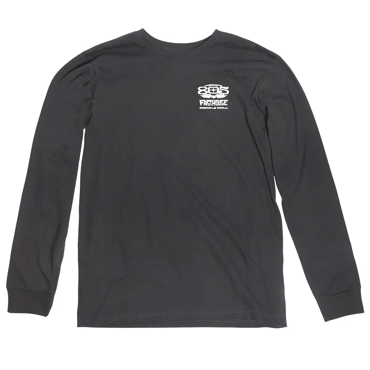 Close-up of 805 Gravel Black L/S Tee showing Long-sleeve black tee with small white logo print on upper chest area -