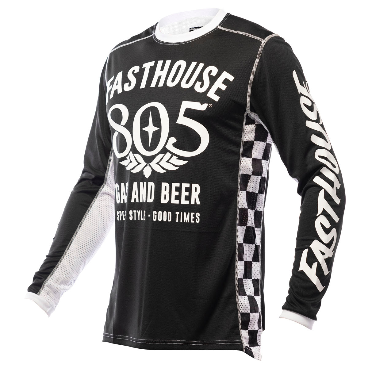 805 Grindhouse Jersey front view, Black with white "Fasthouse 805" text, winged emblem, "Gin and Beer" subtitle, and