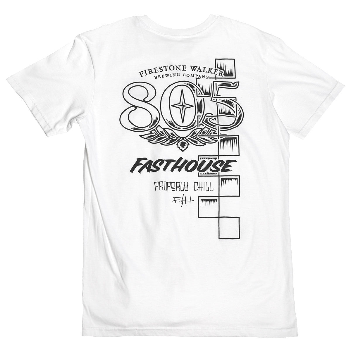 805 Luster front view, White with black line-art brewery graphic, star emblem, hop wreath and geometric blocks, White Tee -
