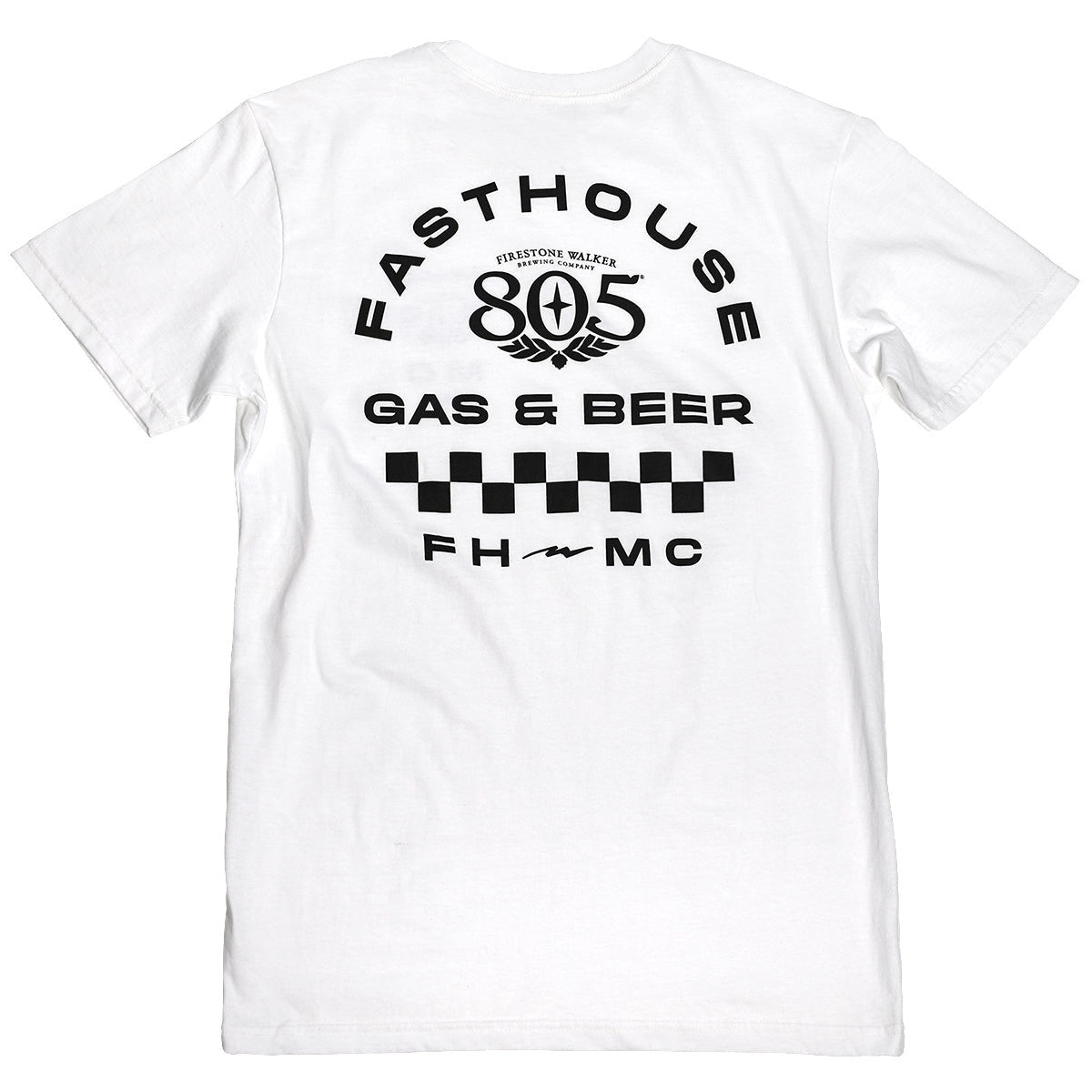 Back of 805; Parallel Black Tee, White with black text reading "Fasthouse 805 Gas & Beer," winged emblem, checkered flag
