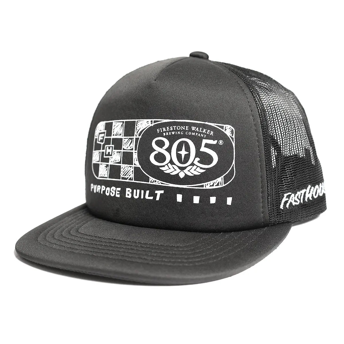 805 Purpose front view, Charcoal trucker hat with white 805 oval logo, checkered flag graphic, and "Purpose Built" text on