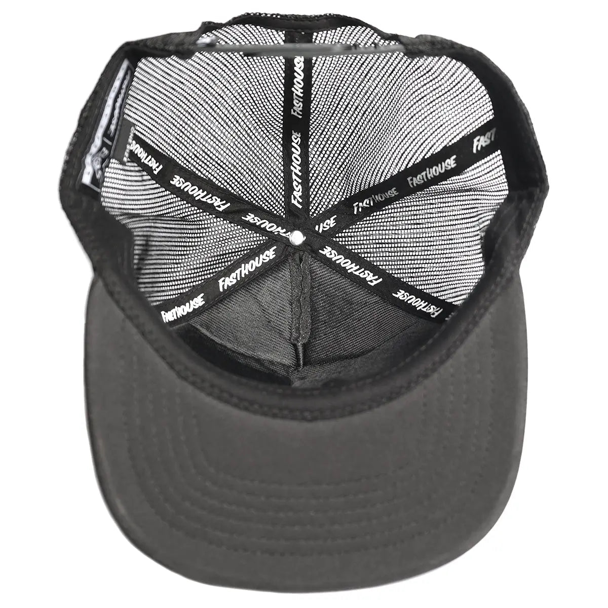 Close-up of 805 Purpose Black Hat showing Mesh back panel with white diagonal striped pattern and text bands, adjustable