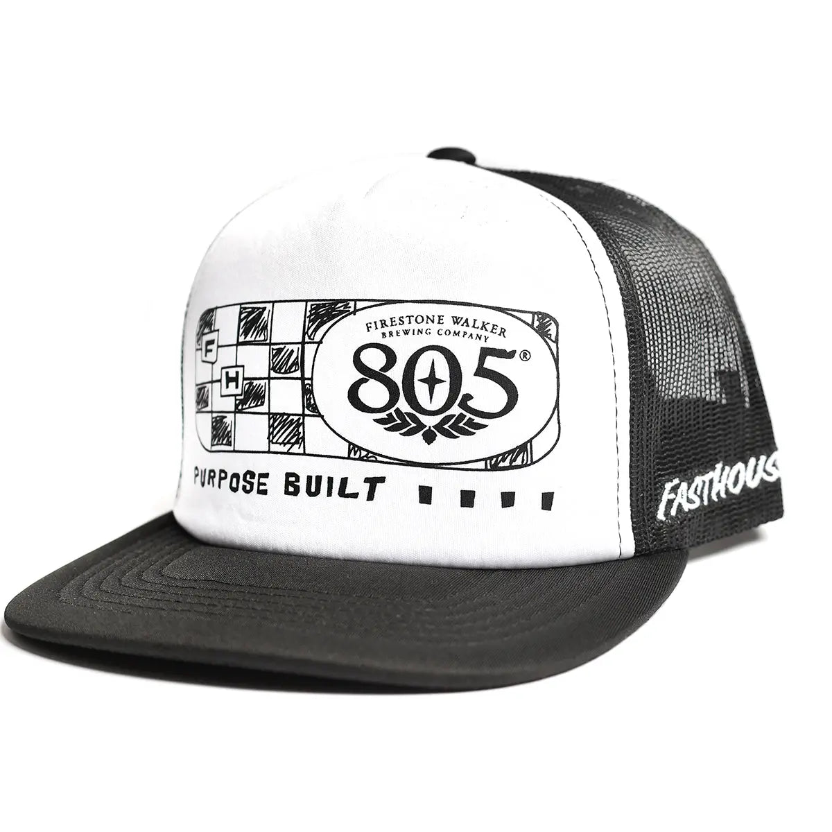 Back of 805 Purpose Black Hat, Black mesh back panel with white script text on side - Slowride Supply