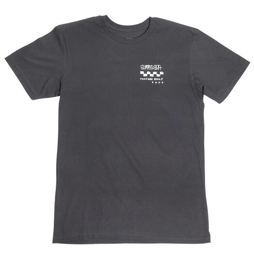 Close-up of 805 Purpose Black Tee showing Charcoal gray tee with small white checkered flag graphic and text on chest, crew