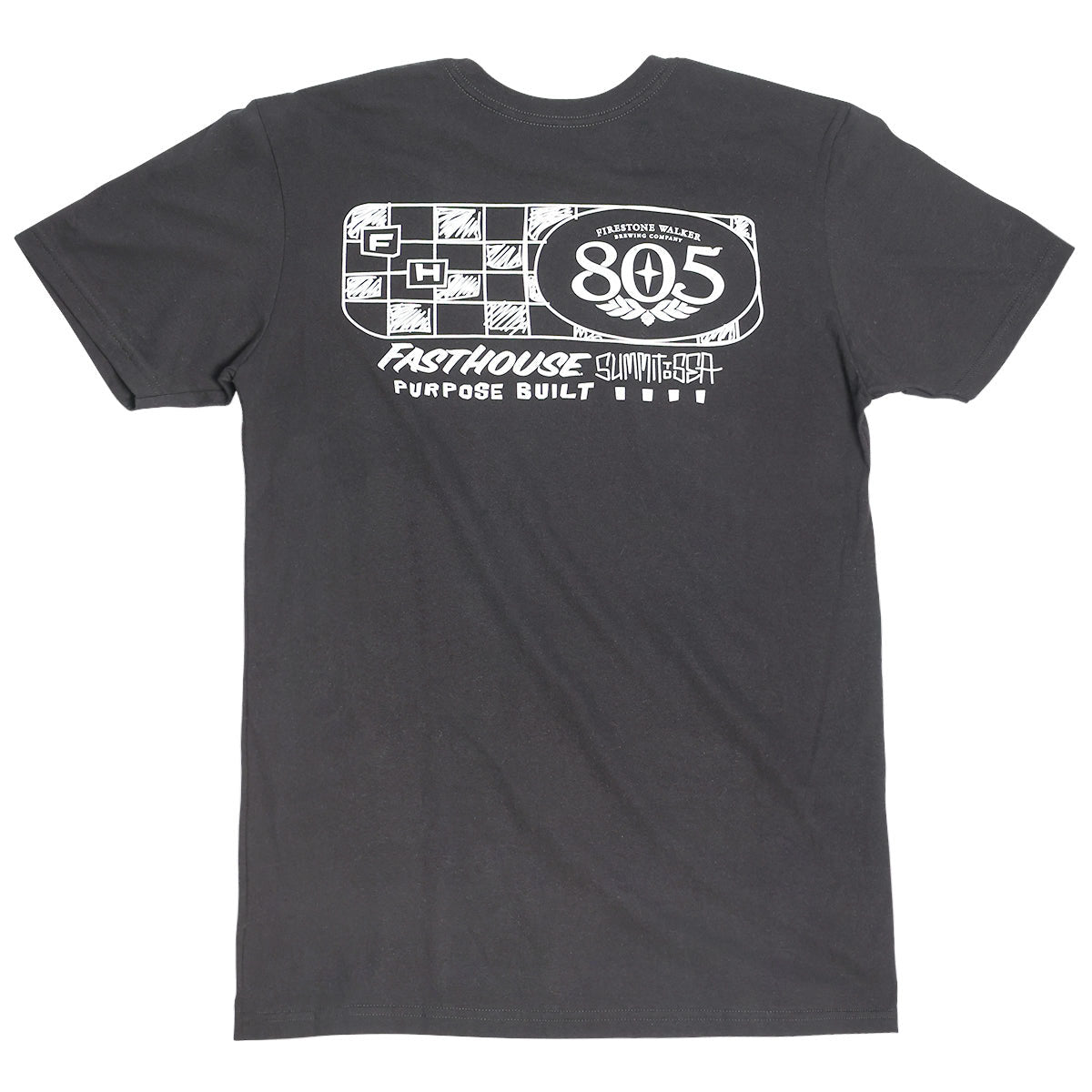 805 Purpose front view, Charcoal with white checkered graphic, 805 oval badge, and "Fasthouse purpose built" text below,