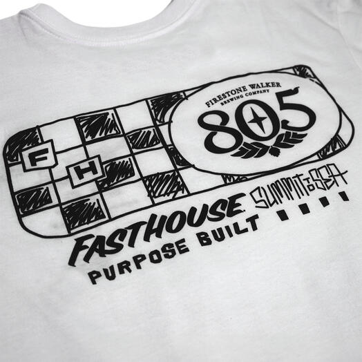 Close-up of 805 Purpose Black Tee showing Black line-art graphic of checkered racing fuel tank with number 805 medallion and