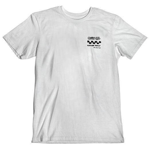 Close-up of 805 Purpose Black Tee showing Small black checkered flag and text graphic on left chest, white crew neck tee -