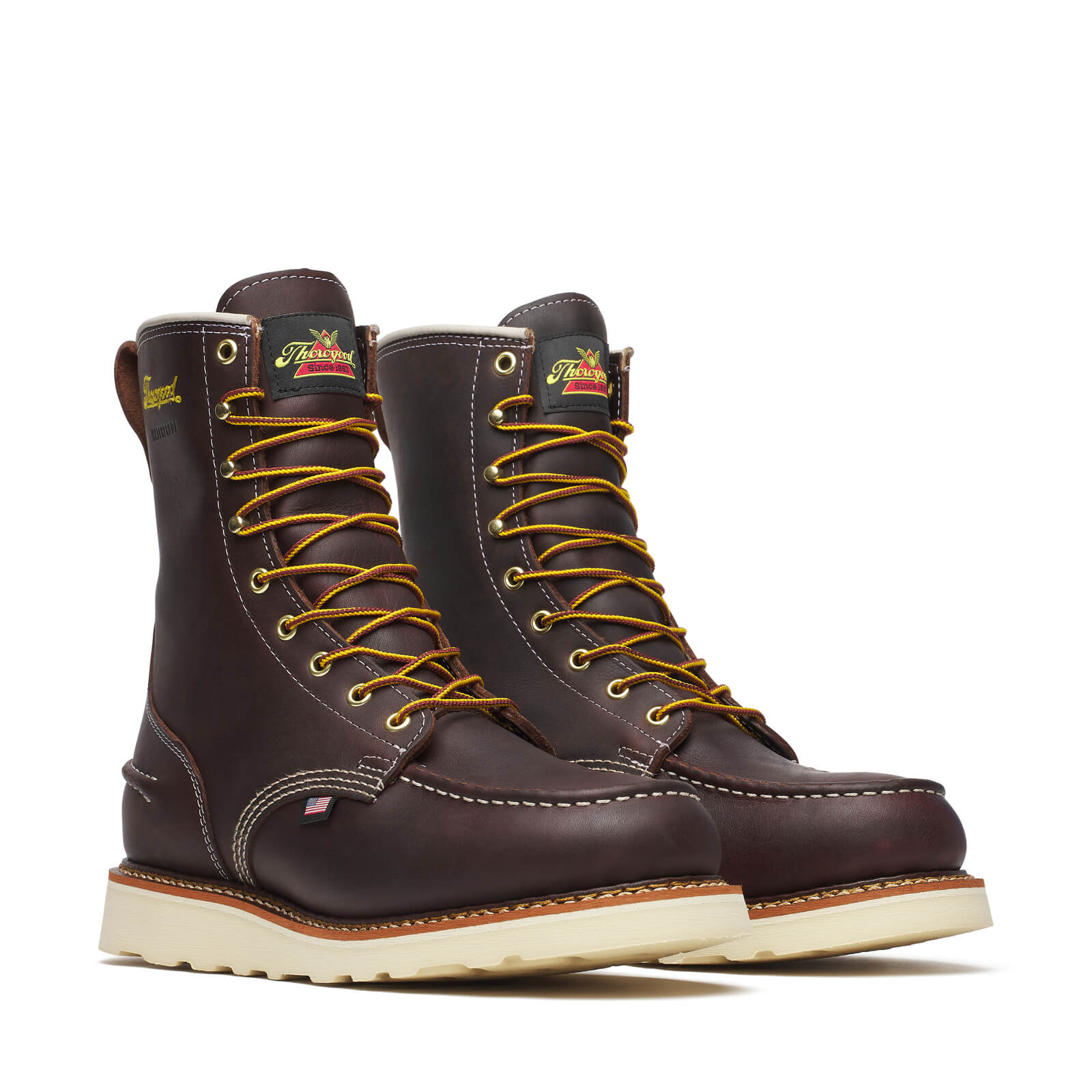 814-3800 8" Briar Pitstop Boots front view, Dark brown leather with contrast white stitching, yellow and black laces, and