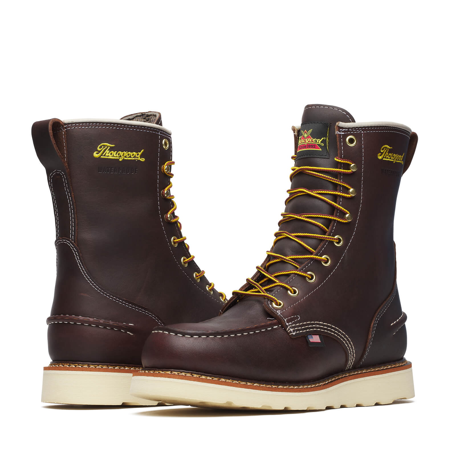 Close-up of 814-3800 8" Briar Pitstop Boots Boots showing Dark brown leather with white contrast stitching and yellow laces,
