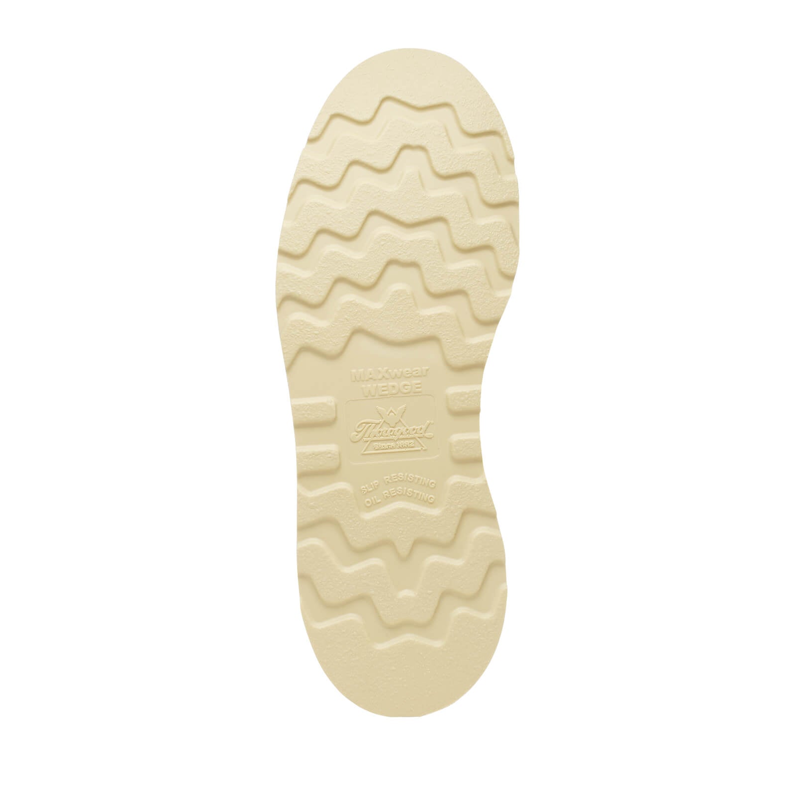 Close-up of 814-4178 8" Trail Crazyhorse Boots Boots showing Cream rubber sole with wavy tread pattern and embossed branding