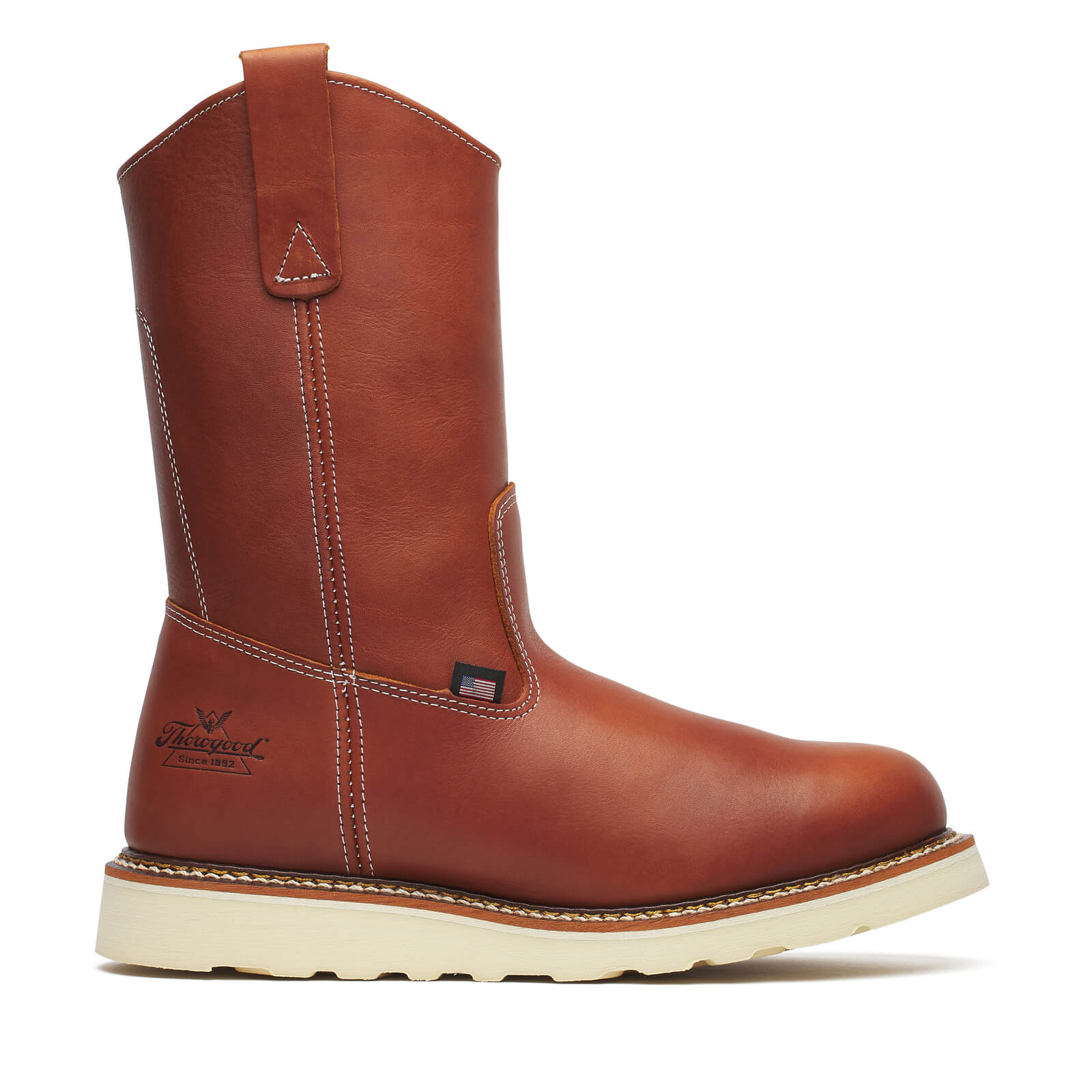 Back of 814-4208 Wellington Wedge Boots Tobacco Boots, Cognac leather back with contrasting cream stitching and small flag
