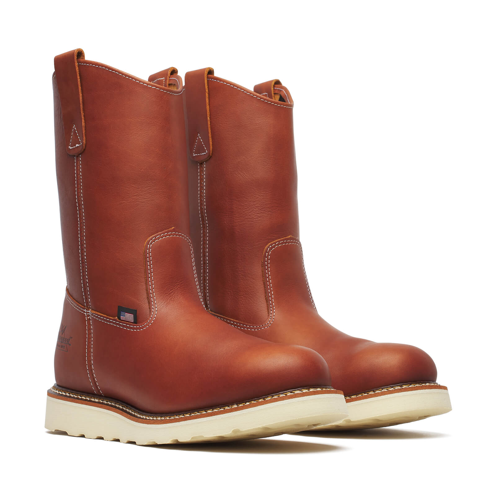 814-4208 Wellington Wedge Boots front view, Tobacco leather pull-on boots with cream contrast stitching and cream wedge
