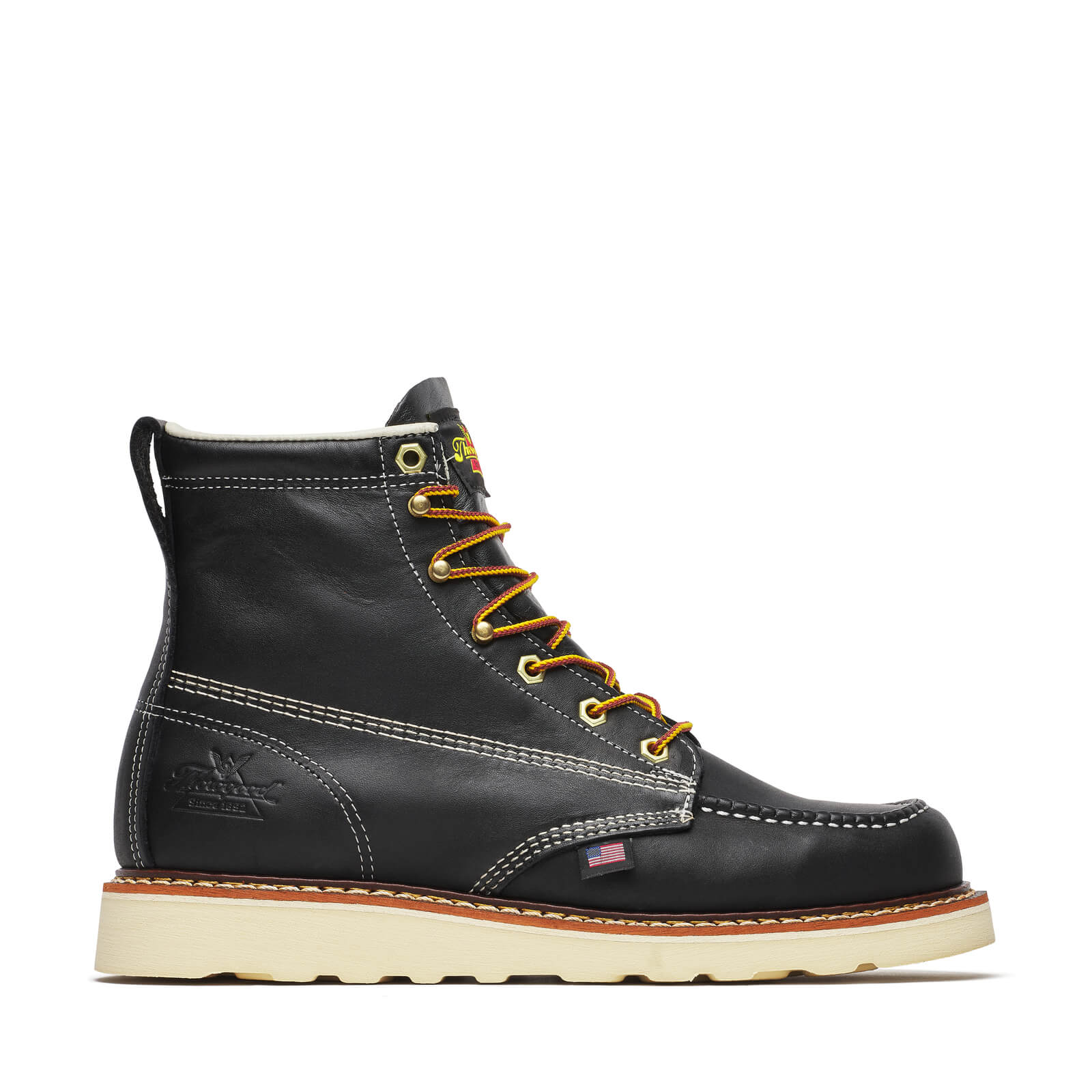 Back of 814-6201 6" Black Boots Boots, Embroidered logo on heel with cream stitching and small flag detail - Slowride Supply