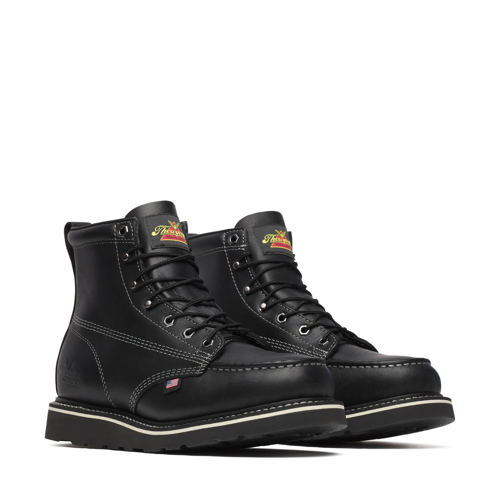 814-6206 6" Boots front view, Black leather moc-toe work boots with cream stitching and contrasting sole stripe, Midnight