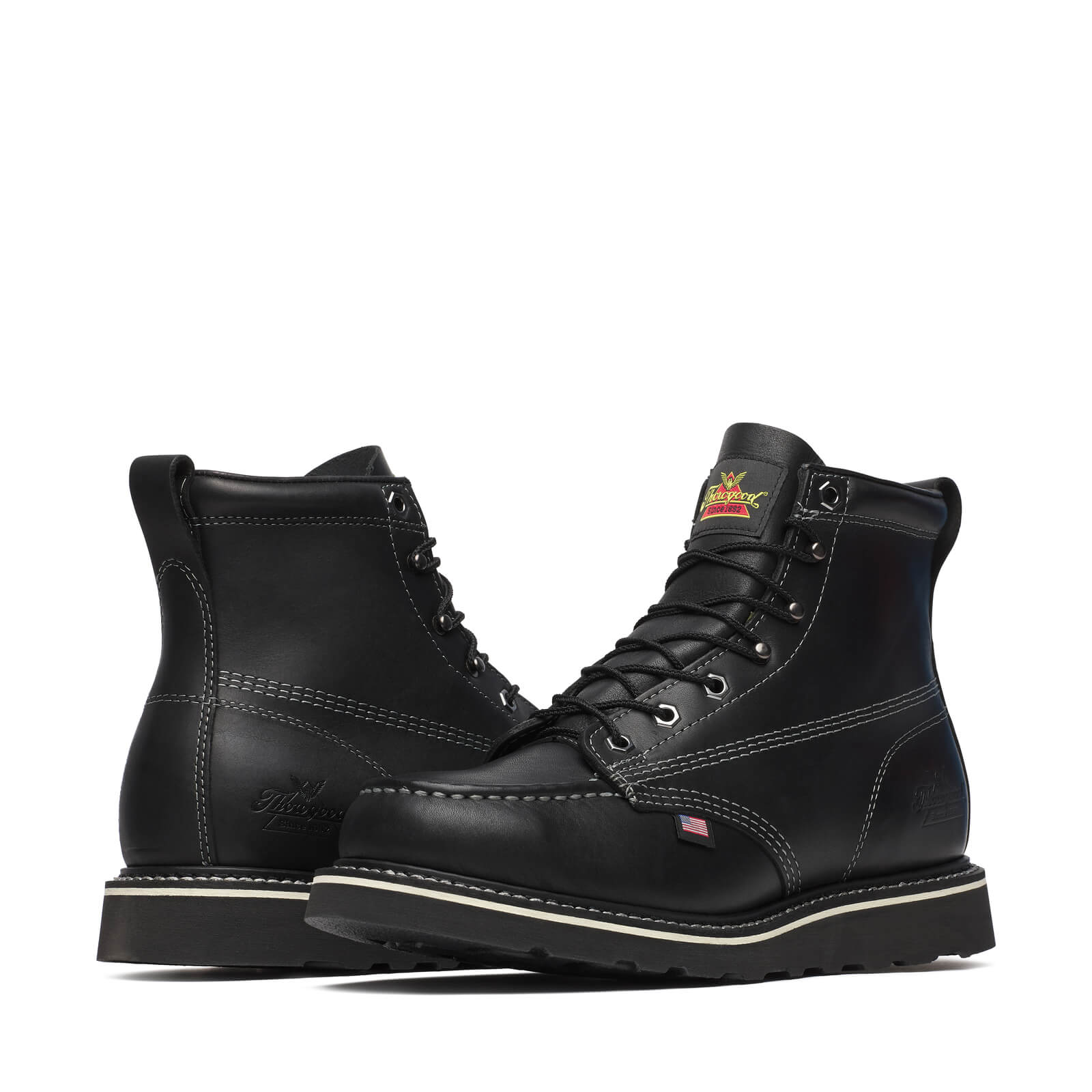 Close-up of 814-6206 6" Boots Midnight Black Boots showing Black leather lace-up boots with white stitching throughout,
