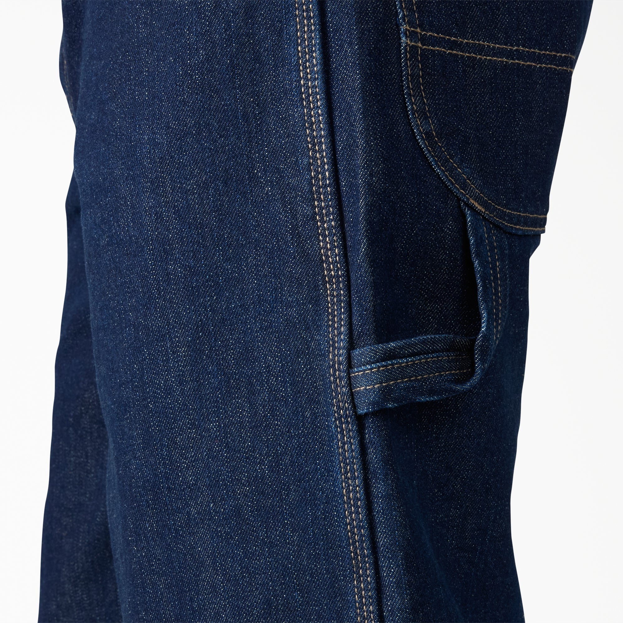 Close-up of A88a4 Denim Utility Short 13" Shorts Dark Wash Shorts showing Tan topstitching detail on dark indigo denim with