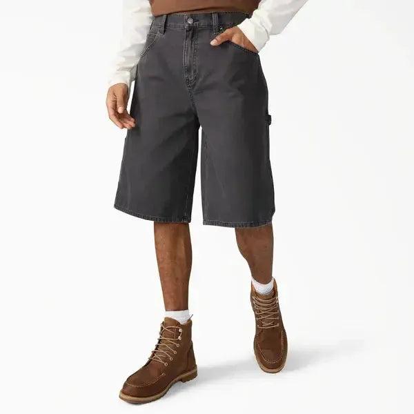 A89g5 Worn in Relaxed Carpenter Short 13" Shorts front view, Black denim carpenter shorts with relaxed fit and utility