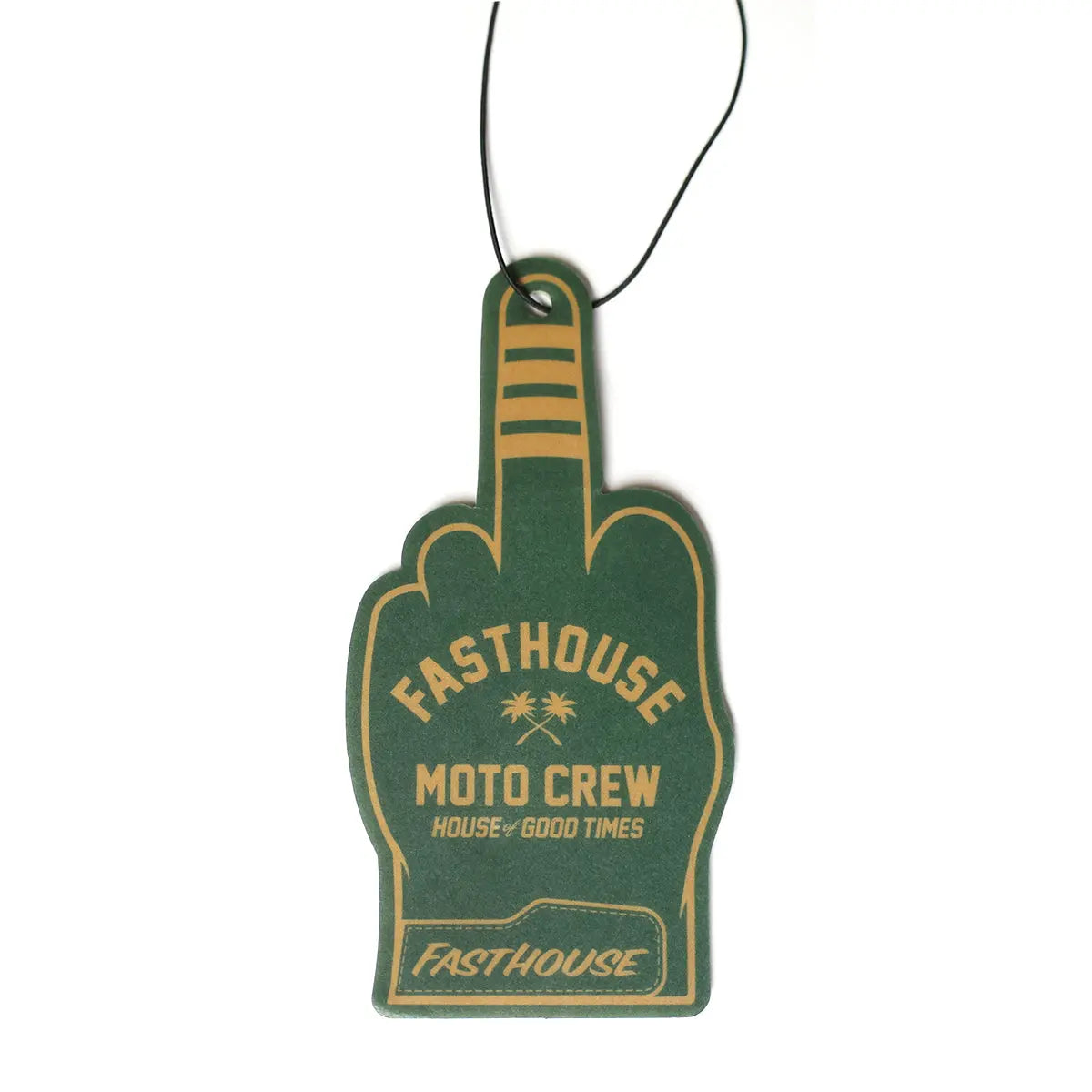 Air Freshener Number One Accessory front view, Forest green foam hand with gold lettering and striped details, suspended on