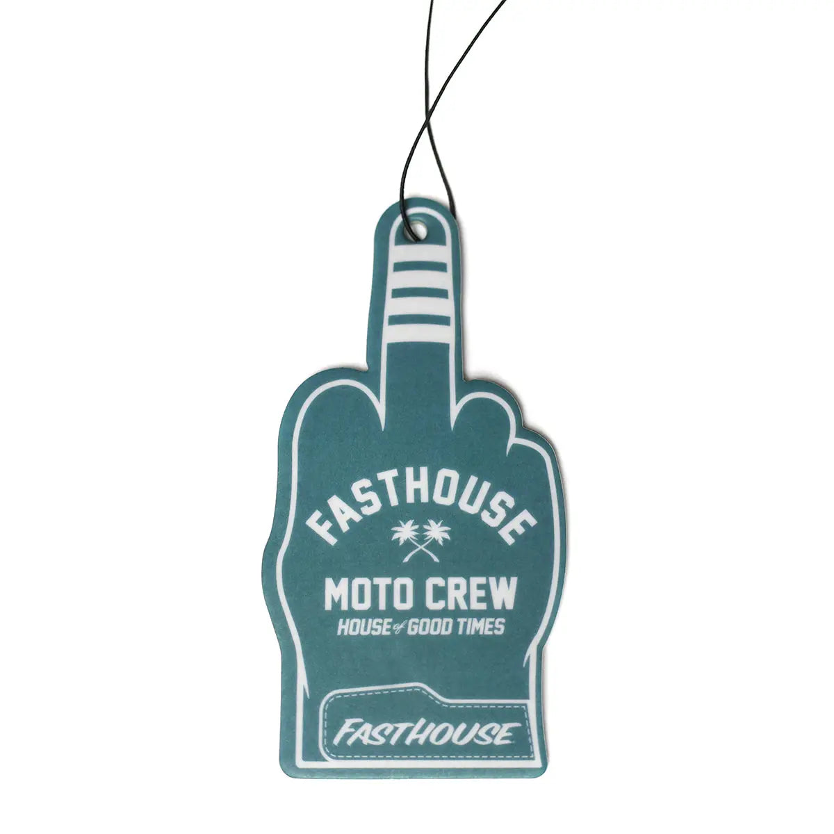Back of Air Freshener Number One Accessory Vintage Gold Accessory, Teal foam hand shape with white text reading "Fasthouse