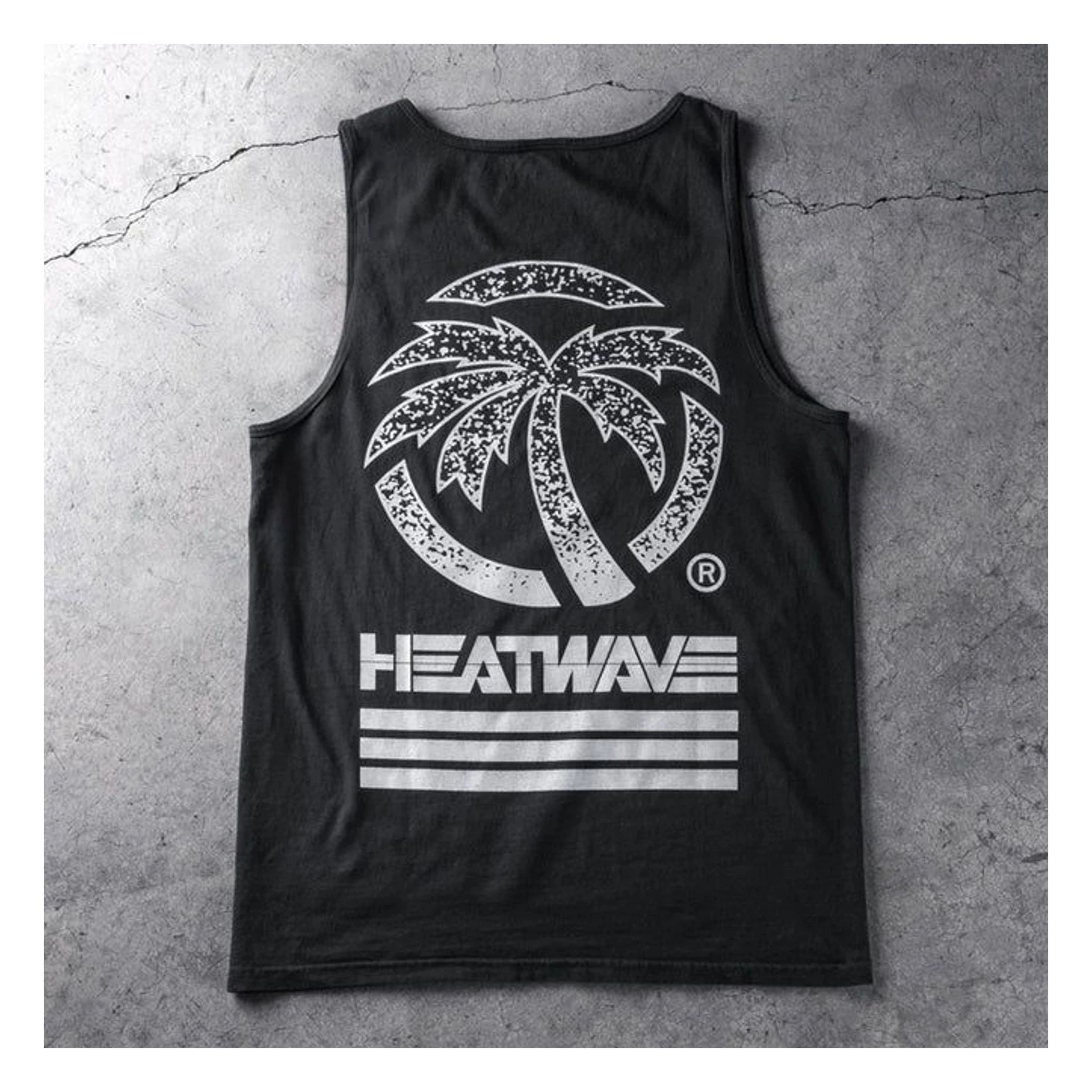 Alloy Tank Top Apparel front view, Black with white palm tree graphic and "HEATWAVE" text with horizontal stripes below,