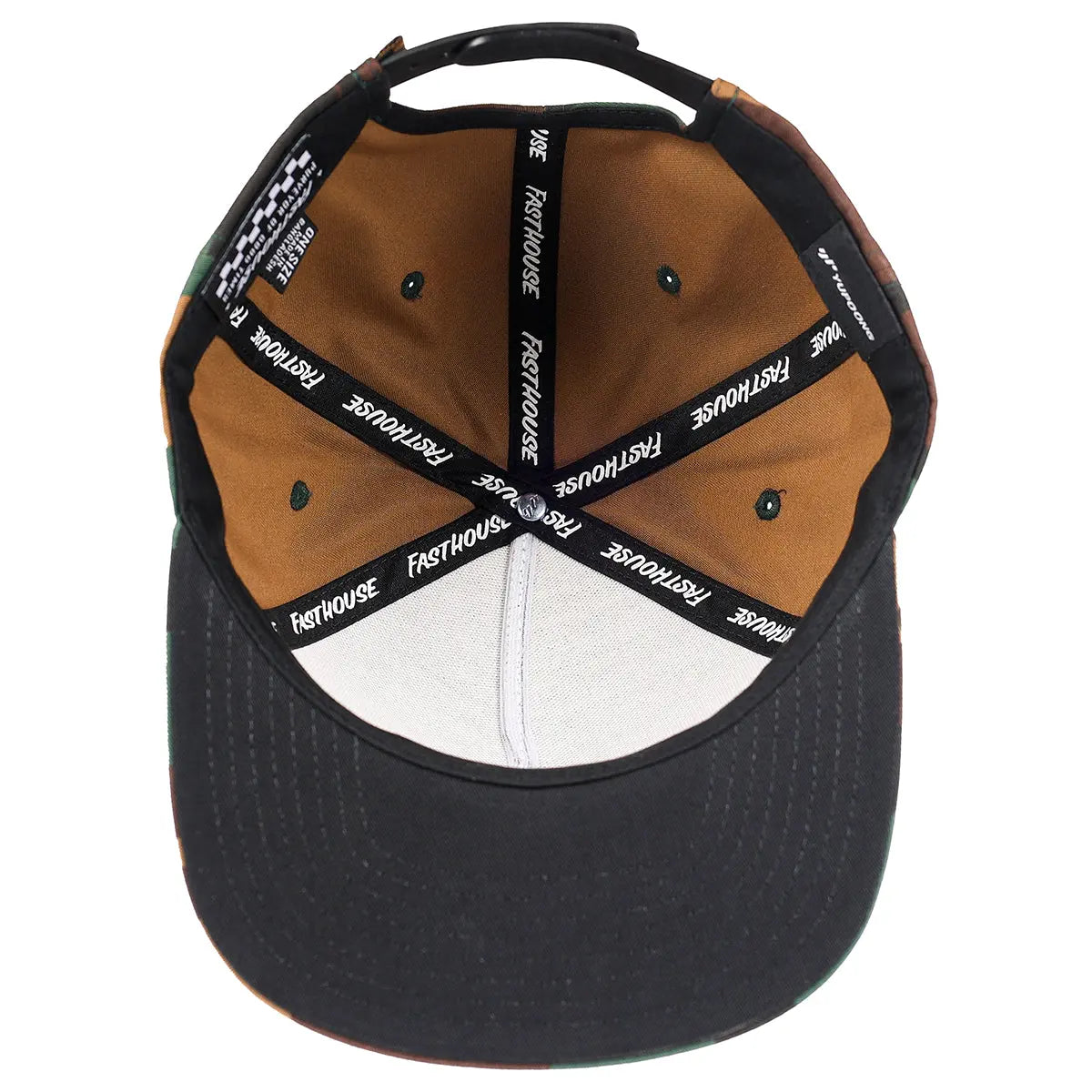 Close-up of Anchor Hat Camo Hat showing Black structured cap with tan and brown suede paneling, black text tape across