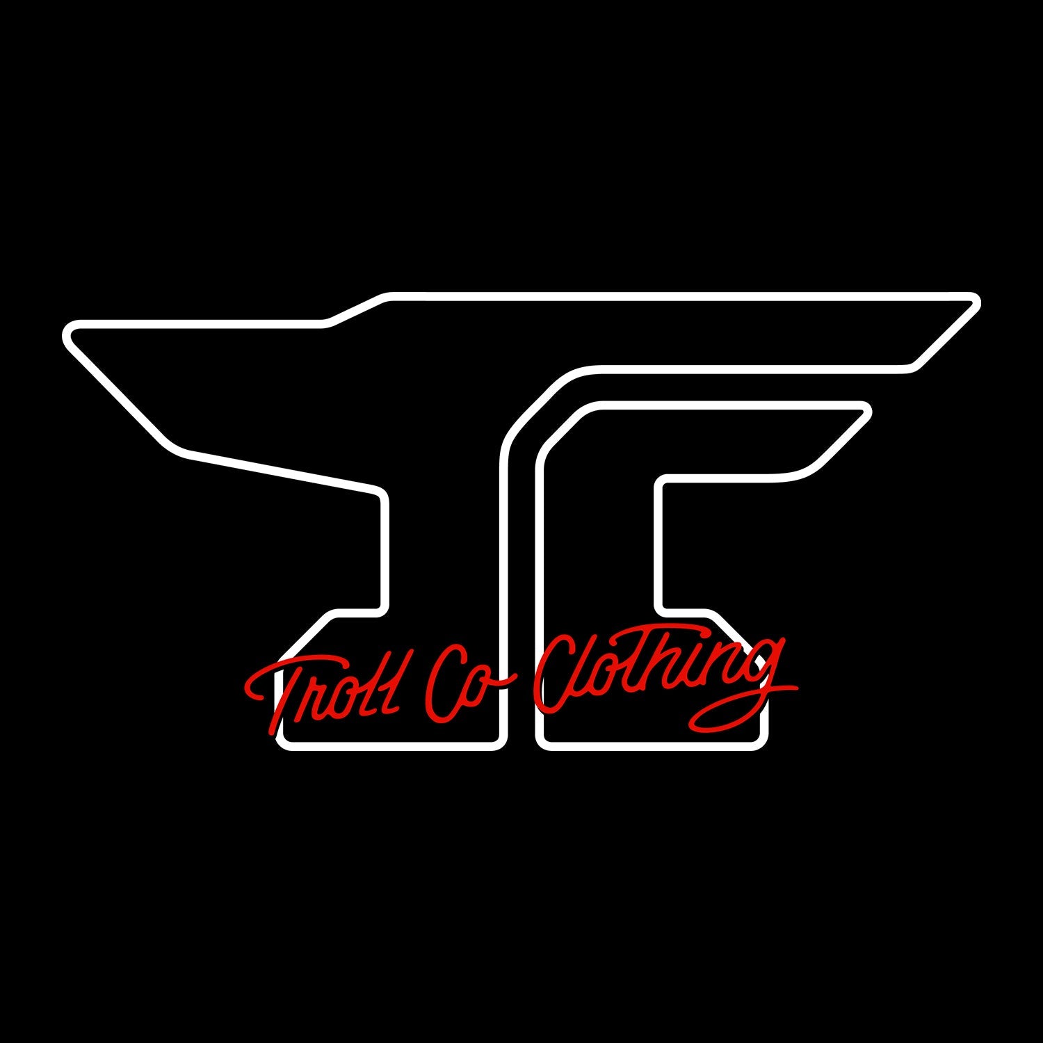 Care label on Anvil Scripted Black Tee showing White outlined geometric logo with red script text reading "Troll Co Clothing