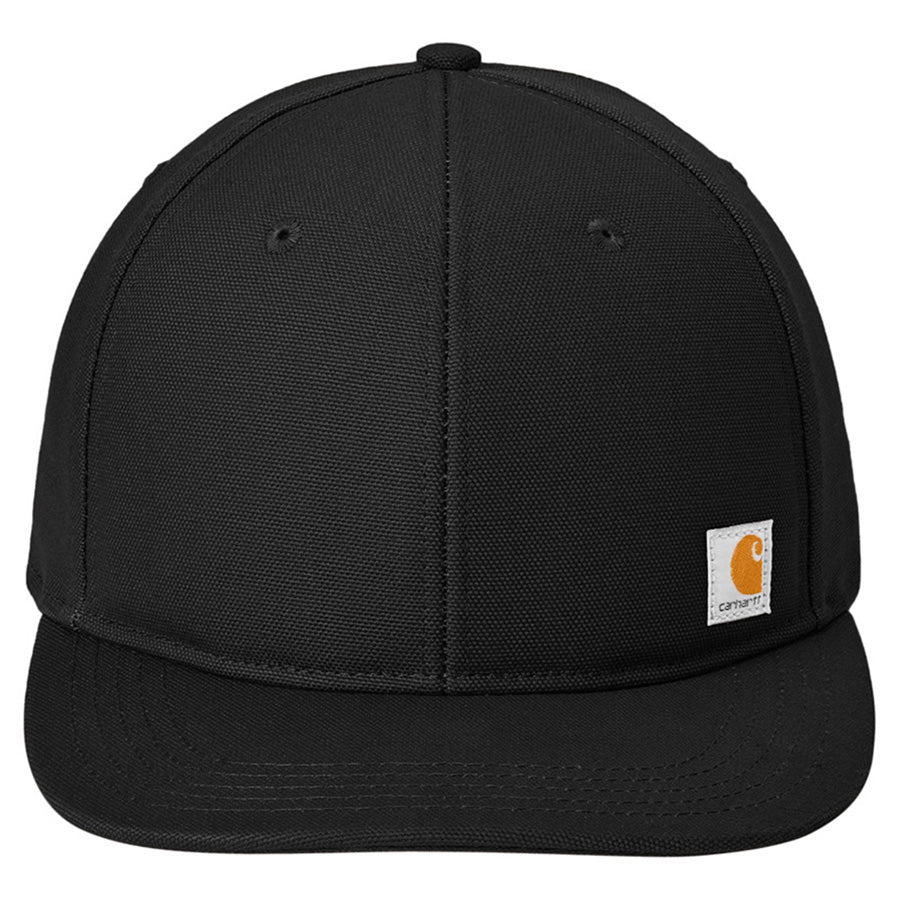 Close-up of Ashland Cap Brown Hat showing Black structured six-panel cap with woven fabric and embroidered logo patch on